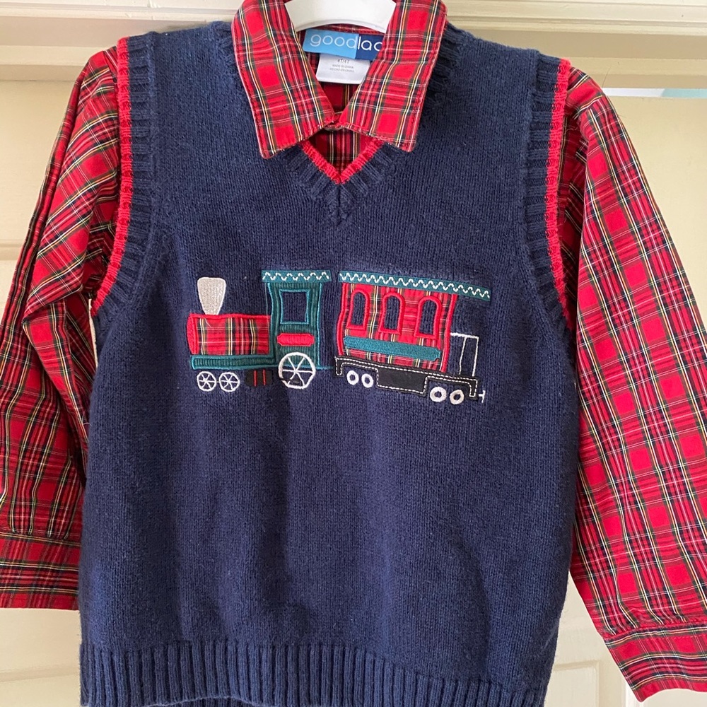 Boys train sweater vest &long sleeve dress shirt